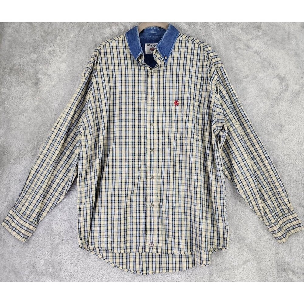 Wrangler PBR Shirt Mens XL Yellow Plaid Western Button Down Long Sleeve Vintage